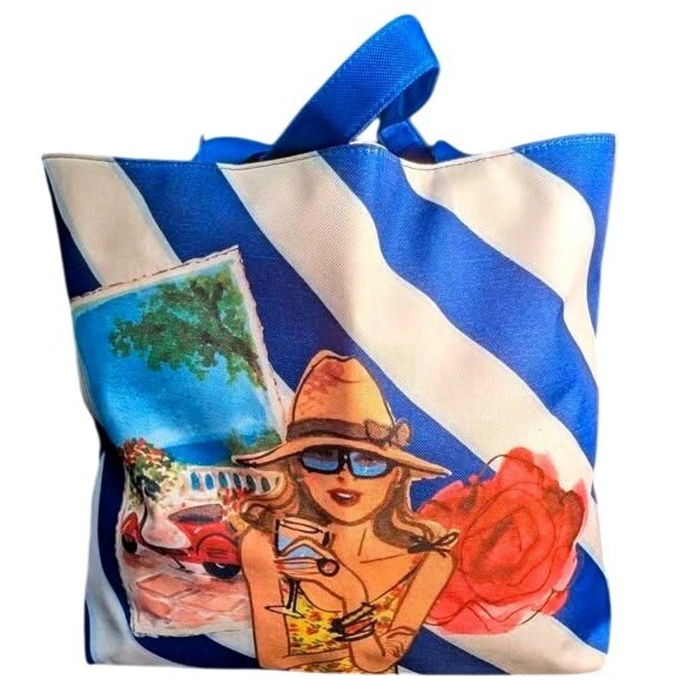 NWOT Lancôme Paris Beach Tote Bag~Canvas Blue/White Striped Vespa Girl Vaca Chic